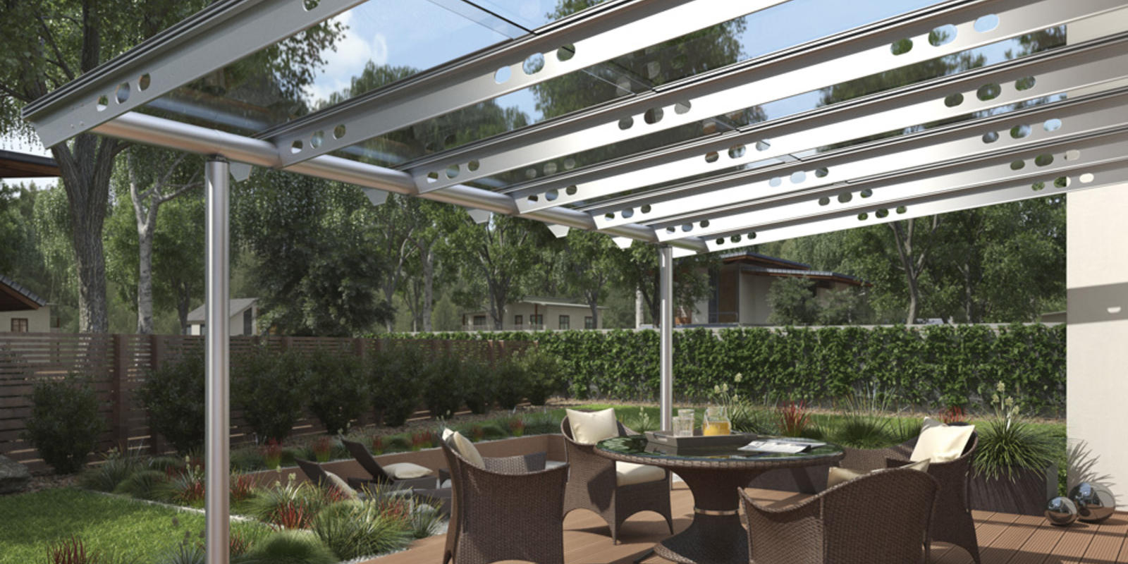 Stalen terrasoverkapping met glas