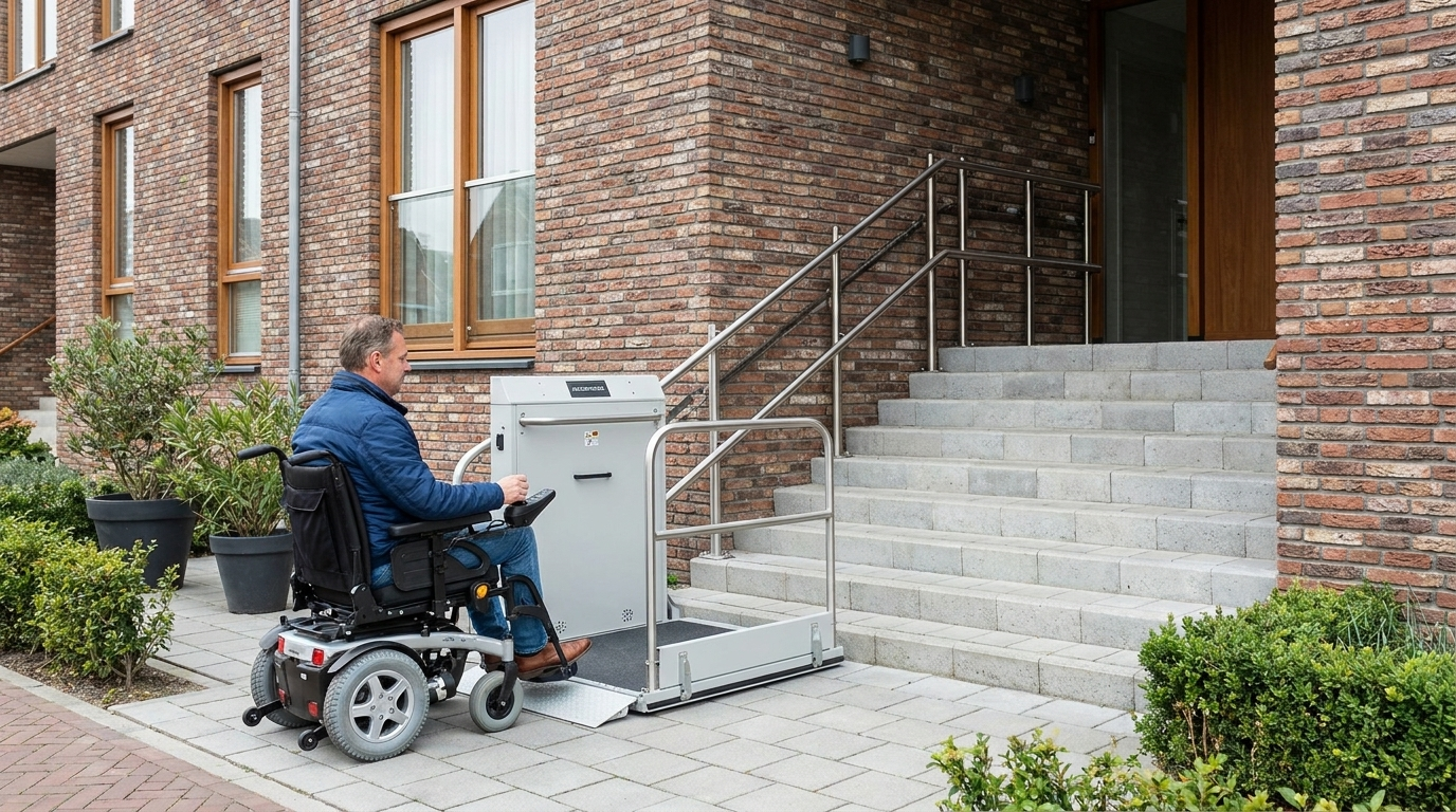 buiten geplaatste plateaulift bij entree van gebouw