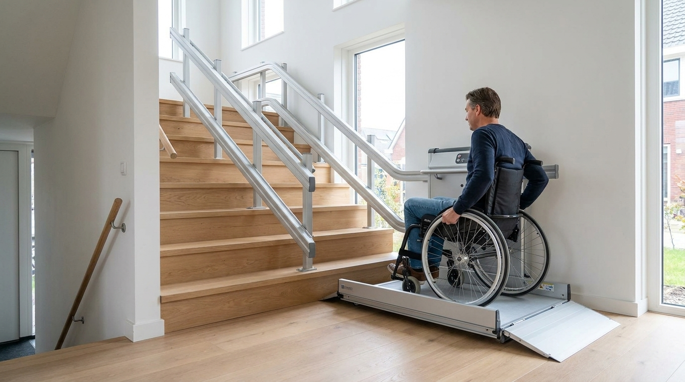 moderne plateaulift met rolstoelgebruiker op een trap
