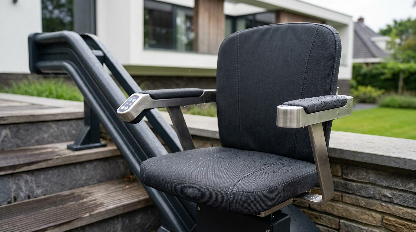 stoel, armleuningen en bedieningspaneel van buiten traplift
